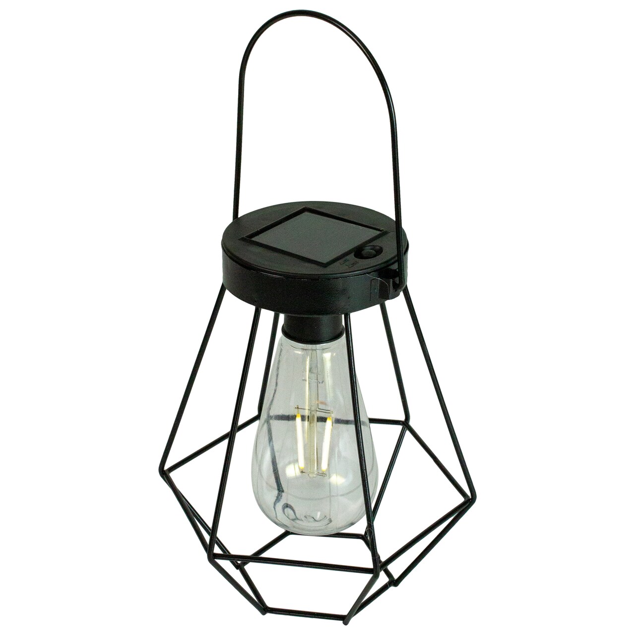 Northlight 7.5" Black Geometric Outdoor Hanging Solar Lantern with Handle